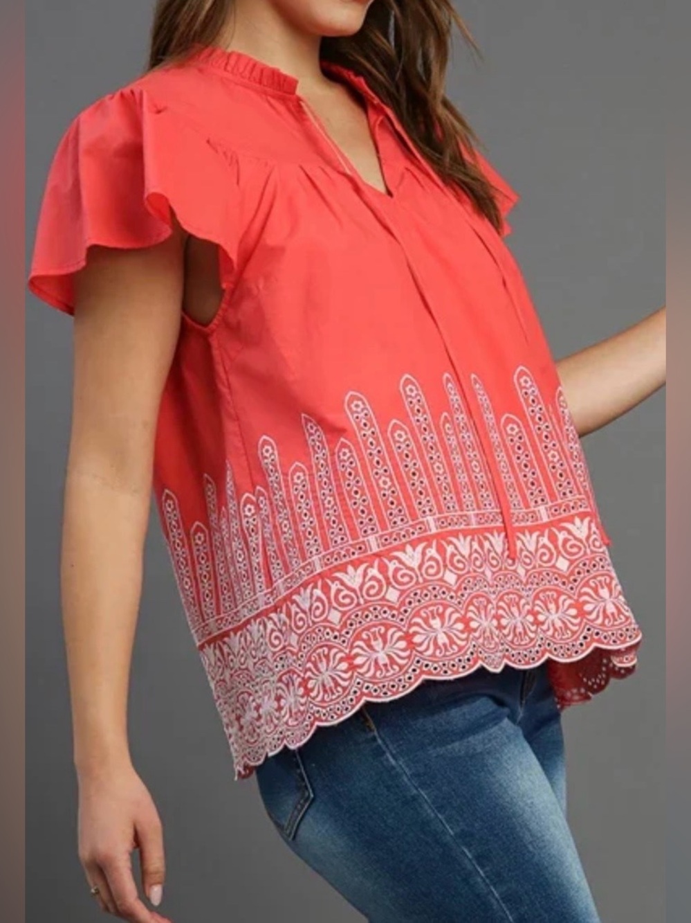 Gaudie Ruffle Tie Front Embroidery Scalloped Short Sleeve Top Size Large EUC - Picture 2 of 16